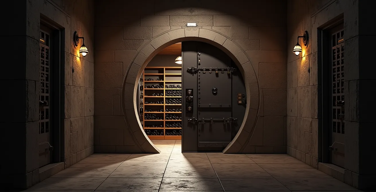 Cave à vin aménagée dans un ancien abri antiatomique suisse avec porte blindée visible