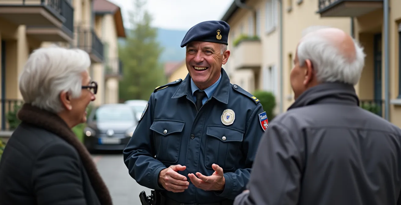 Agent de police municipal en discussion bienveillante avec des résidents dans une rue suisse