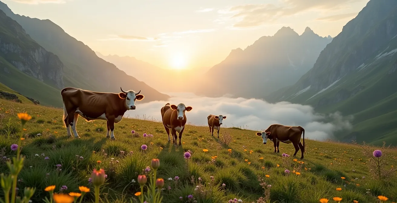 Troupeau de vaches broutant dans un alpage suisse avec vue panoramique sur les montagnes