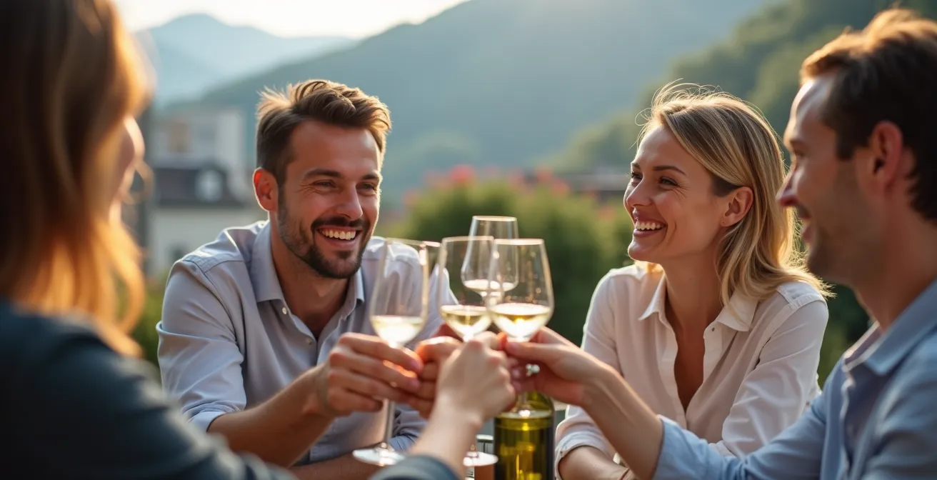 Collègues partageant un apéritif en terrasse après le travail dans un cadre professionnel détendu