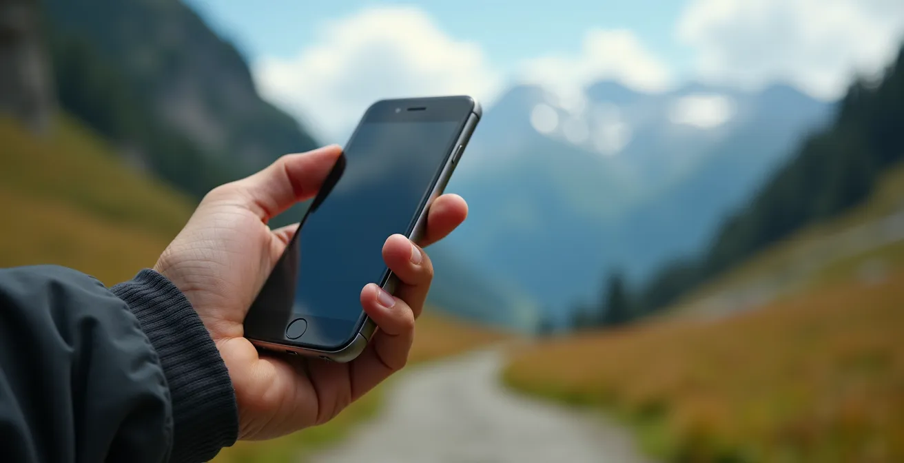 Main tenant un smartphone montrant une carte topographique en montagne