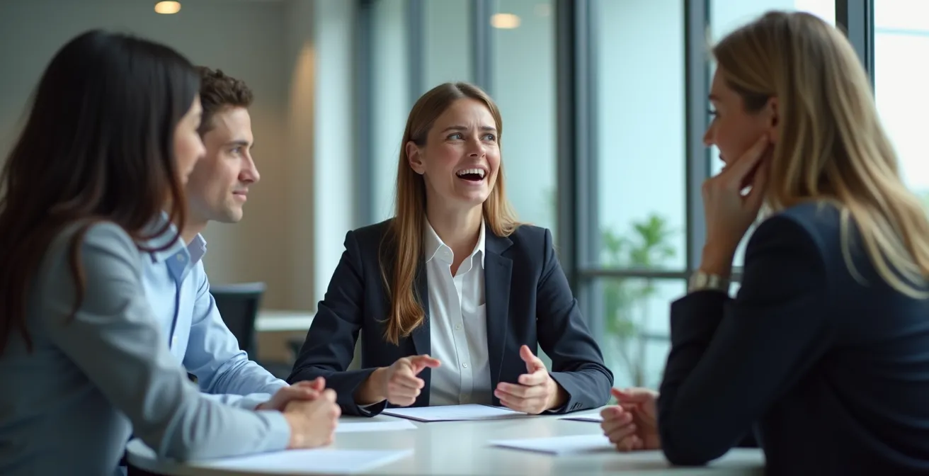 Réunion d'affaires montrant subtilement les défis de communication interculturelle