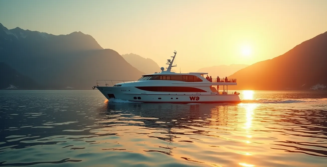 Vue panoramique d'un bateau de transport public sur un lac suisse avec montagnes en arrière-plan