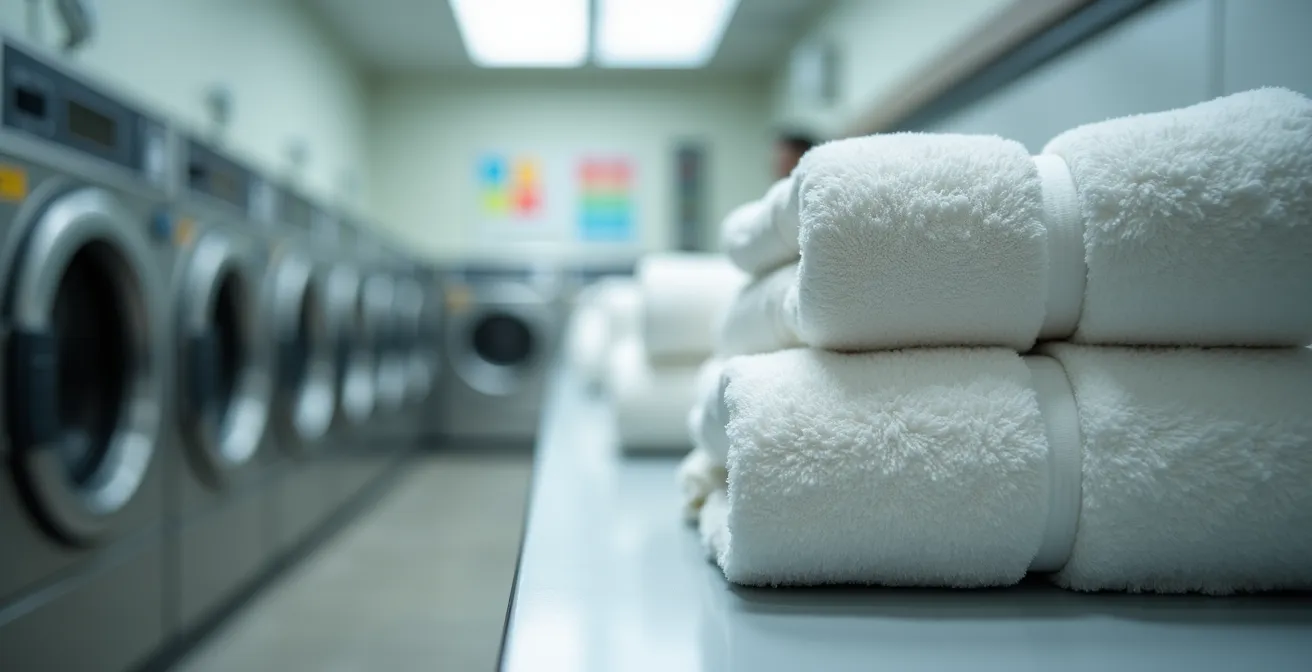 Buanderie collective suisse impeccablement organisée avec planning visible mais illisible