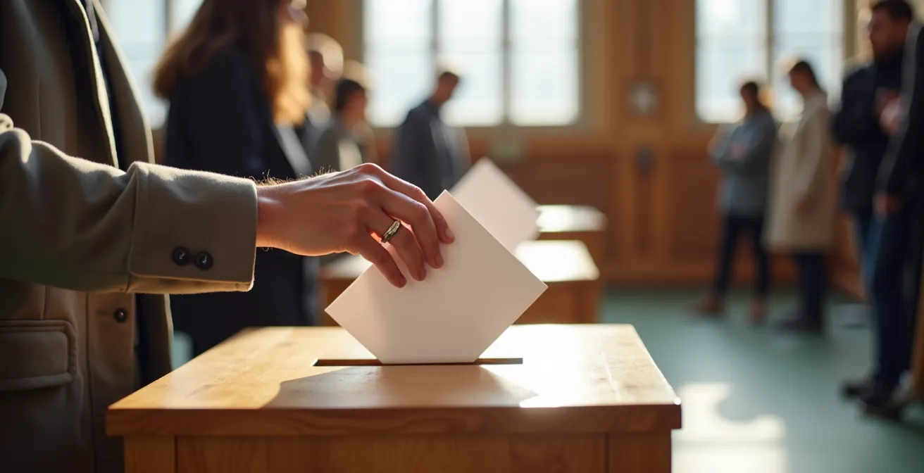 Bureau de vote communal suisse avec isoloirs et urne traditionnelle