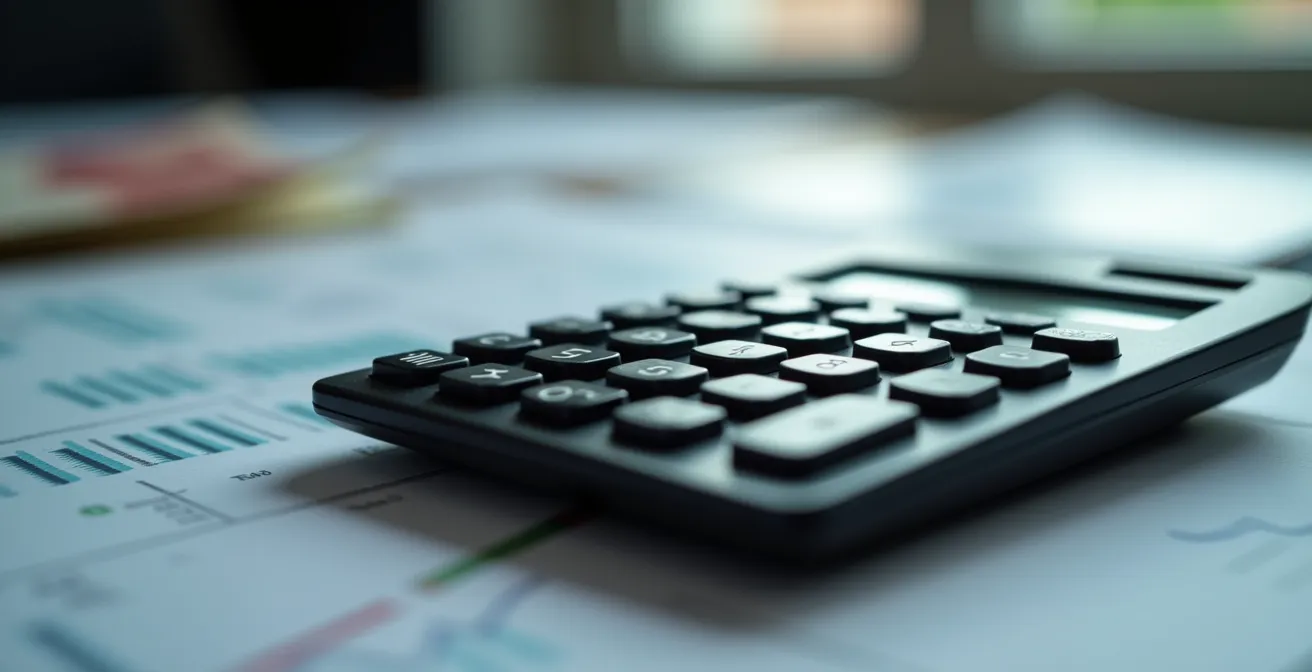 Calculatrice professionnelle sur bureau avec documents financiers flous en arrière-plan