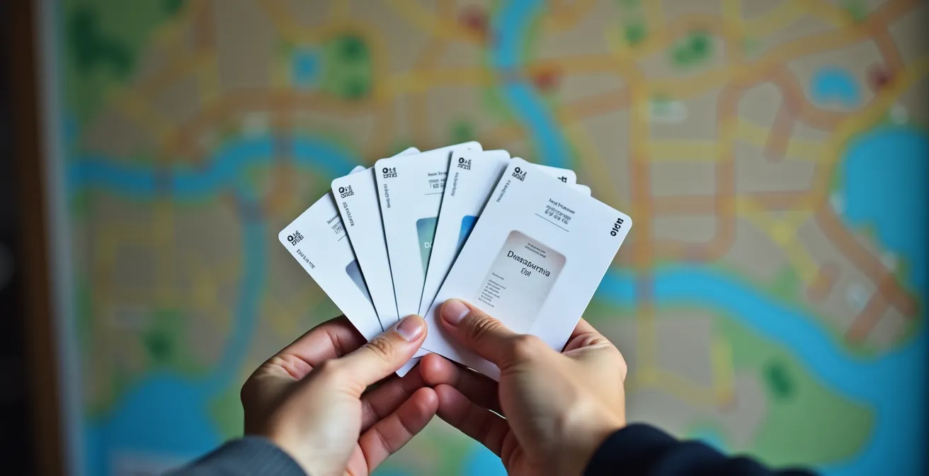 Main tenant une carte de transport avec des trajets colorés sur une carte de ville suisse floue en arrière-plan