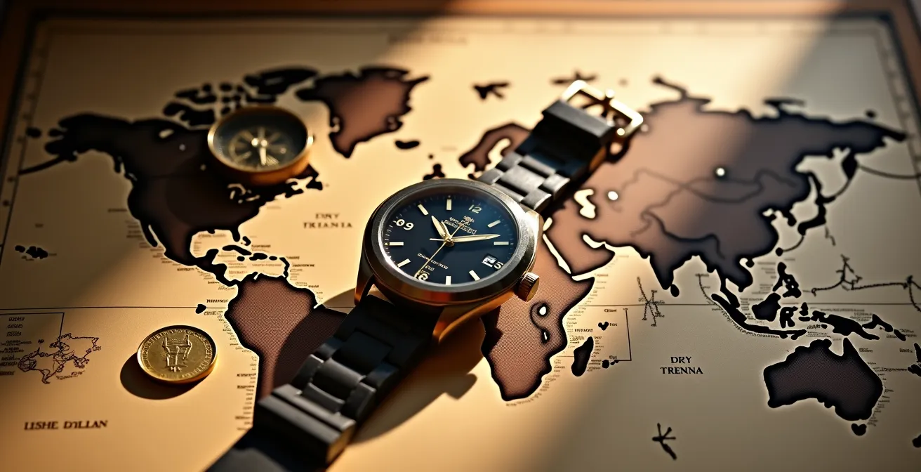 Carte mondiale stylisée montrant les flux d'exportation horlogère suisse avec intensité variable selon les marchés