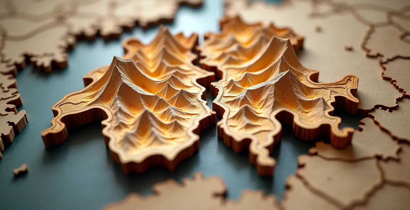 Carte en relief de la Suisse montrant la répartition géographique des votes avec dégradé de couleurs