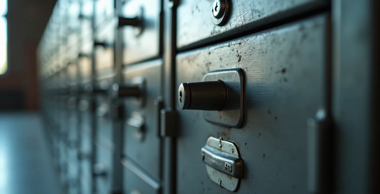 Rangée de cases postales métalliques dans un bureau de poste suisse, vue de côté en perspective