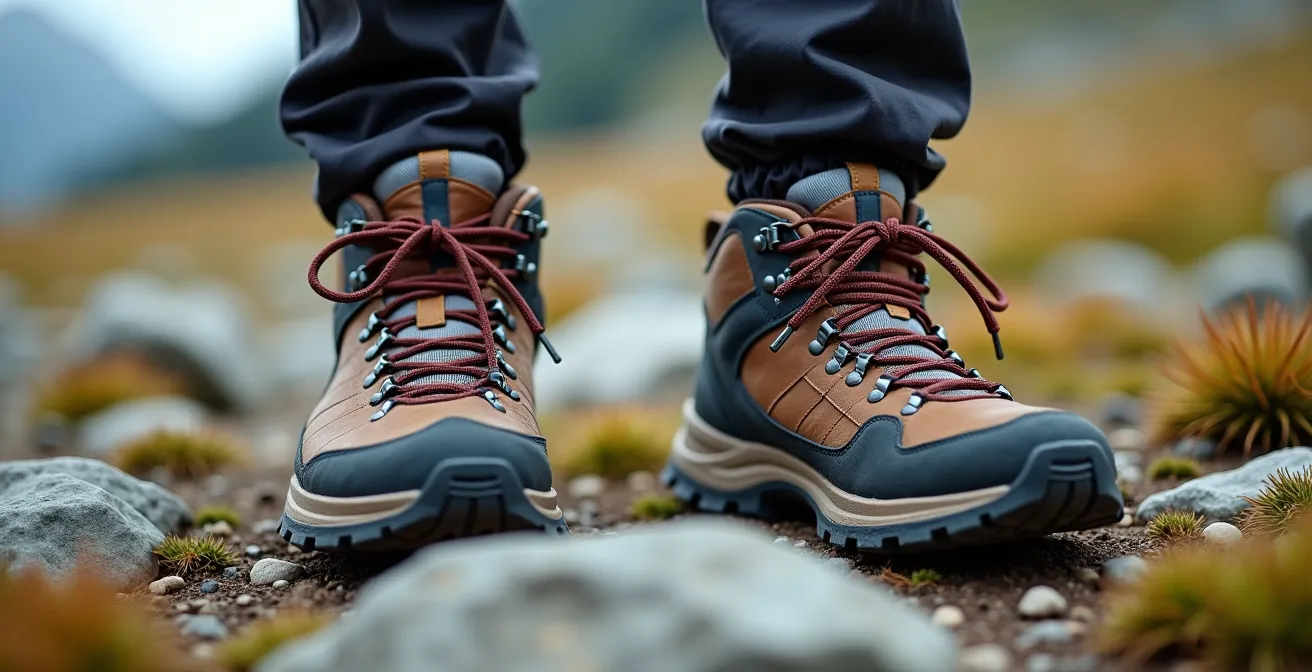 Comparaison visuelle entre chaussures de randonnée basses et montantes sur terrain rocheux