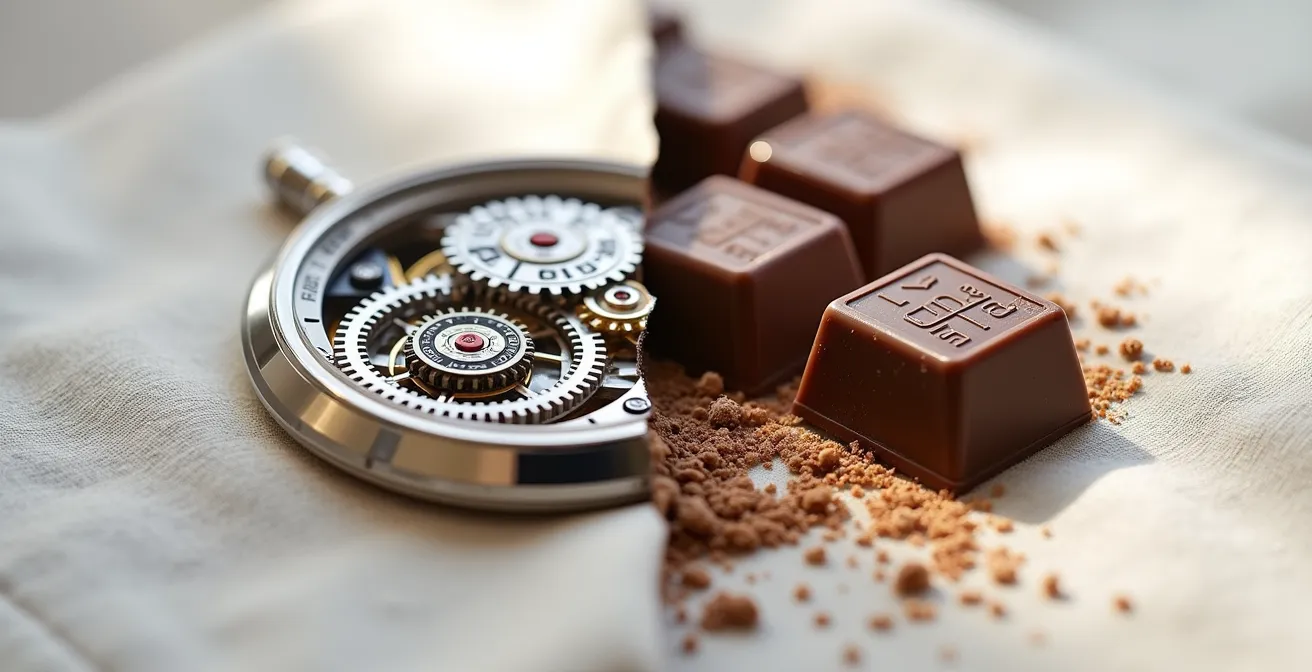 Composition visuelle montrant une montre mécanique et des carrés de chocolat côte à côte sur fond de paysage alpin