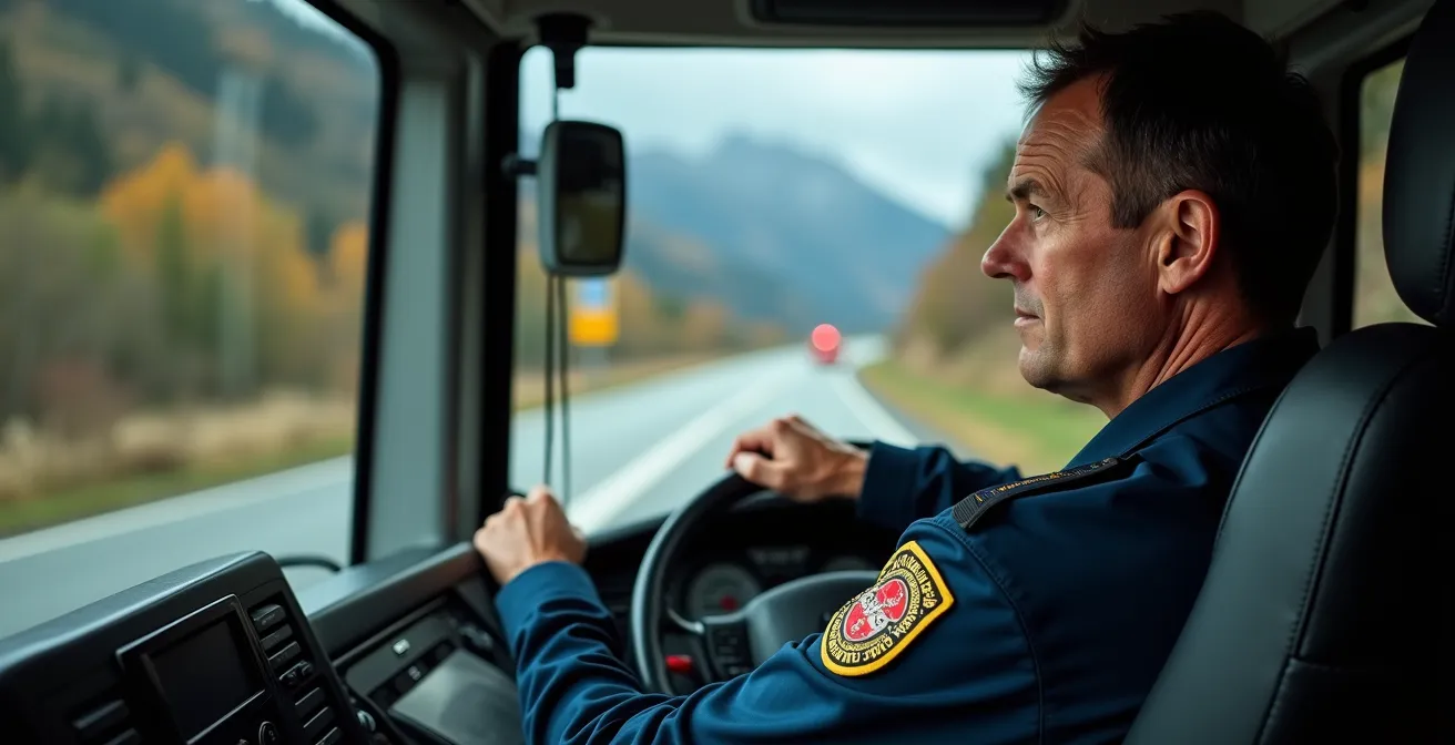 Conducteur de car postal en formation sur route de montagne étroite dans les Alpes suisses