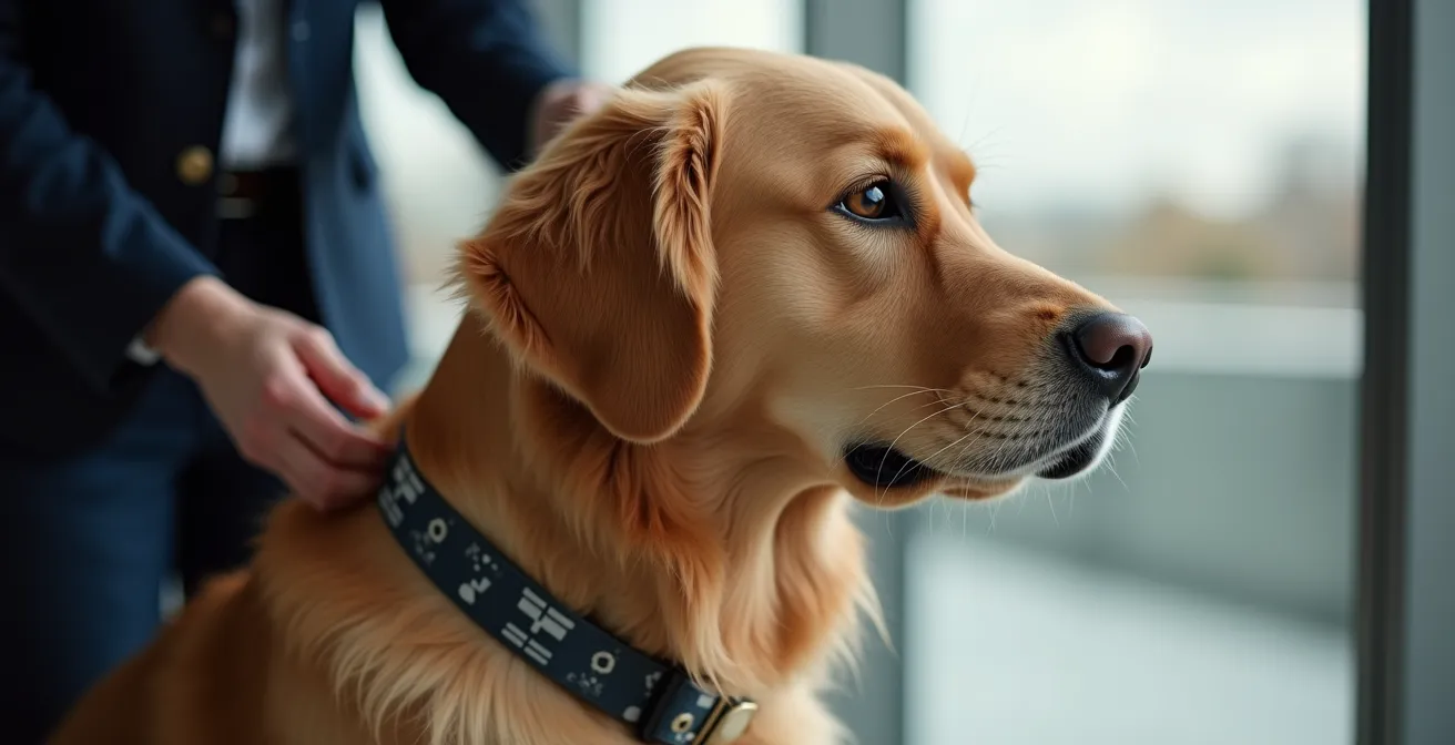 Chien avec collier et documents vétérinaires au poste frontière