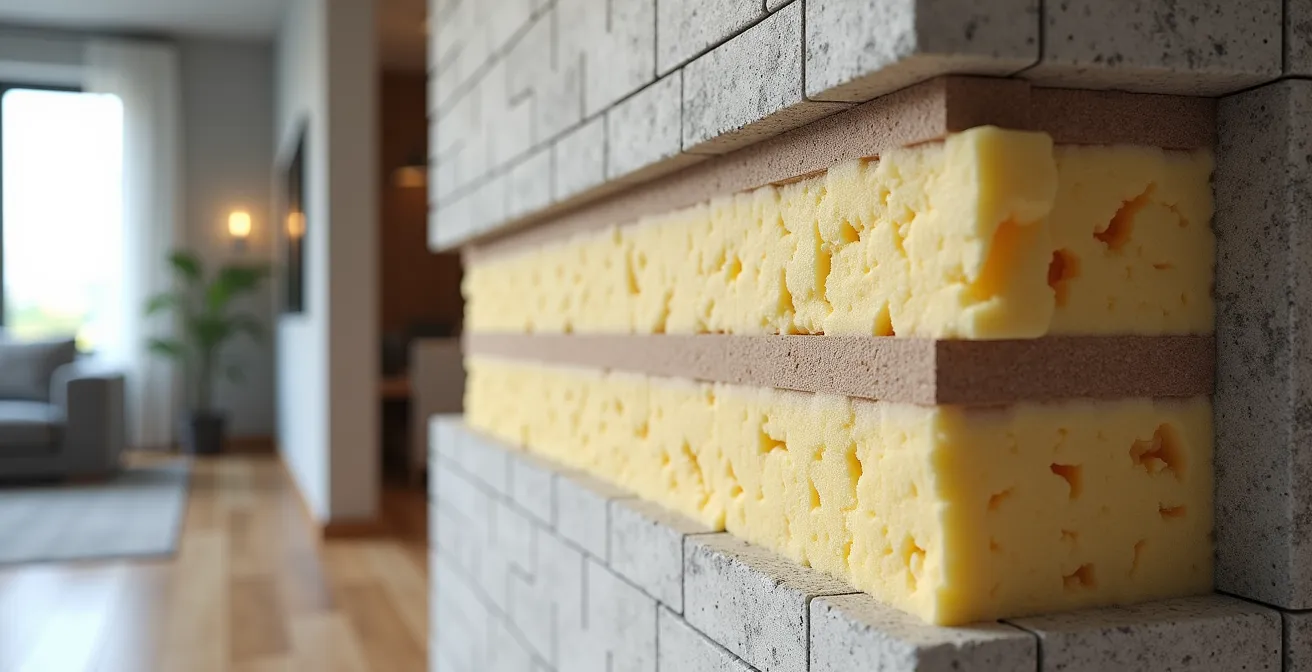 Coupe transversale d'un mur suisse montrant les multiples couches d'isolation acoustique et thermique