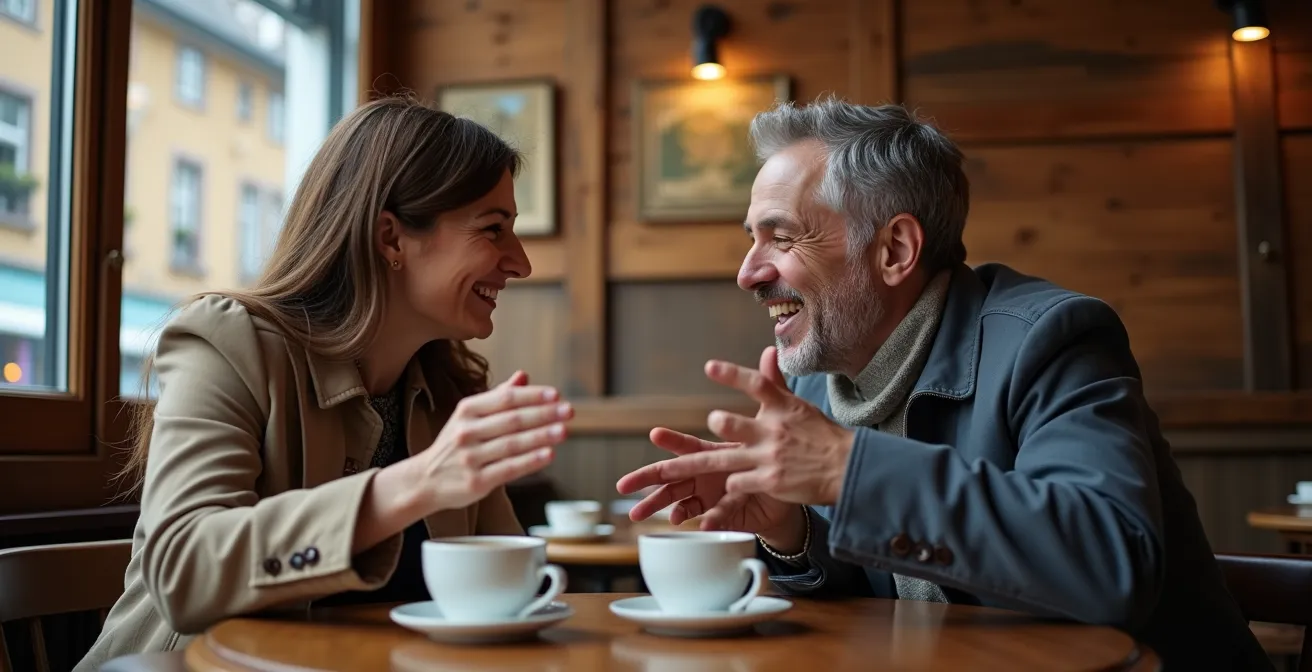 Scène de café suisse illustrant l'interaction linguistique naturelle