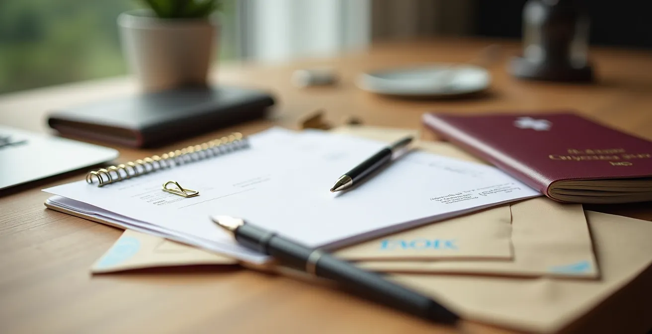 Bureau organisé avec documents administratifs suisses prêts pour inscription communale