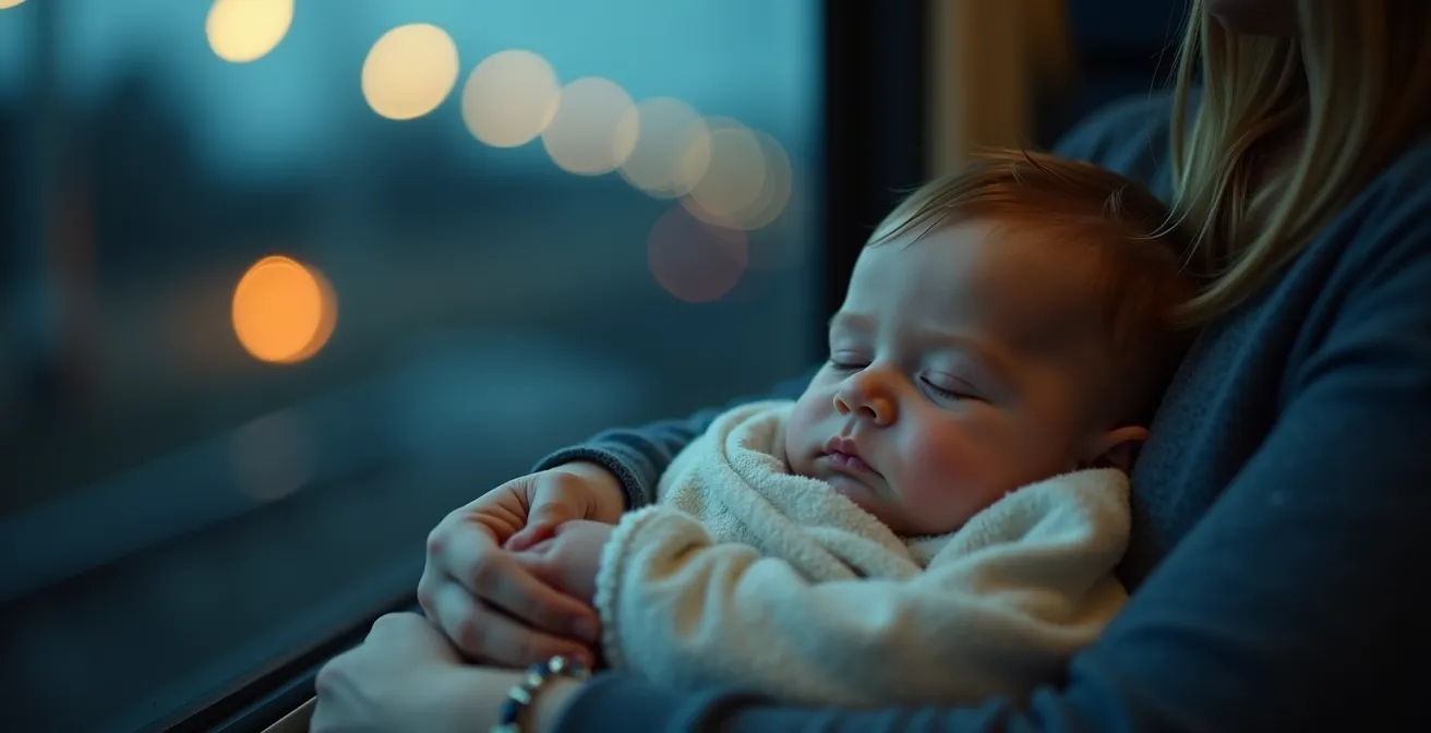 Enfant endormi dans les bras de son parent dans un train de nuit