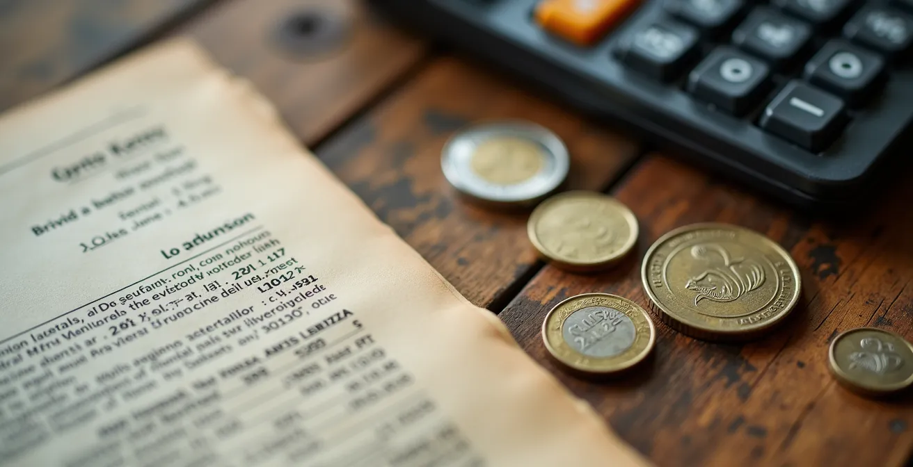 Gros plan sur des documents de location avec calculatrice et francs suisses sur table en bois