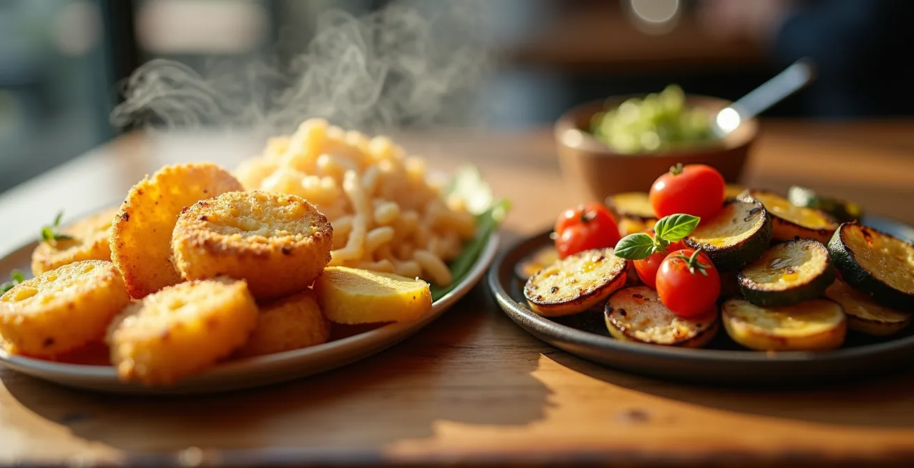 Une table de bistrot partagée avec un plat de rösti croustillant d'un côté et des mets de style méditerranéen de l'autre, symbolisant la frontière culinaire suisse.