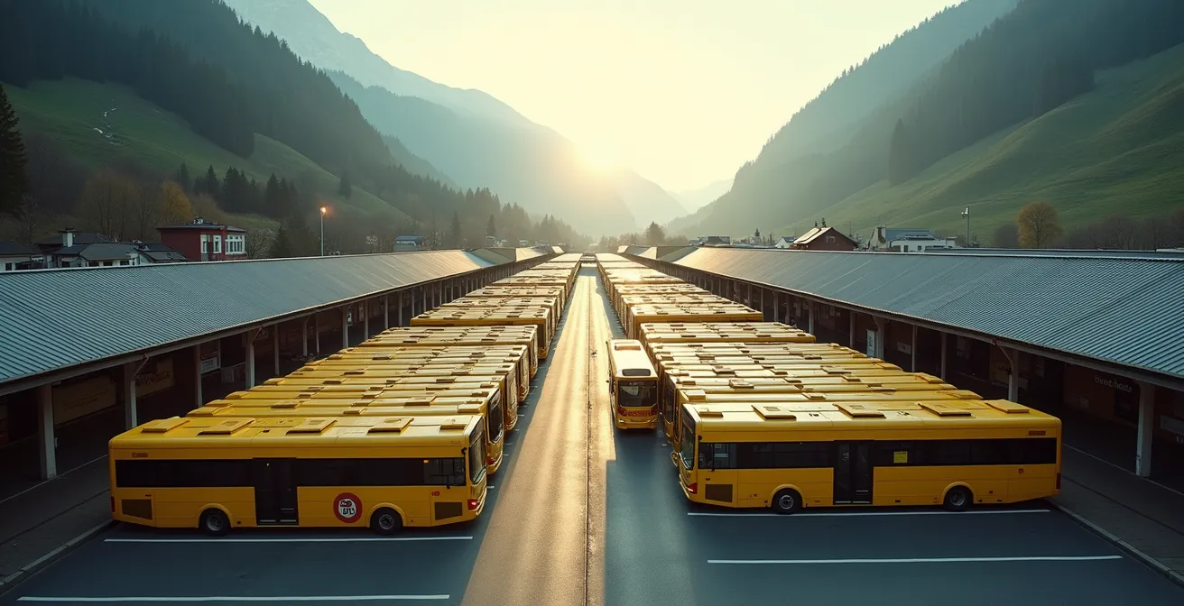 Vue aérienne d'une gare de correspondance suisse avec trains et cars postaux jaunes