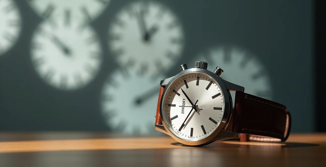 Vue minimaliste d'un bureau suisse moderne avec une horloge de précision au premier plan