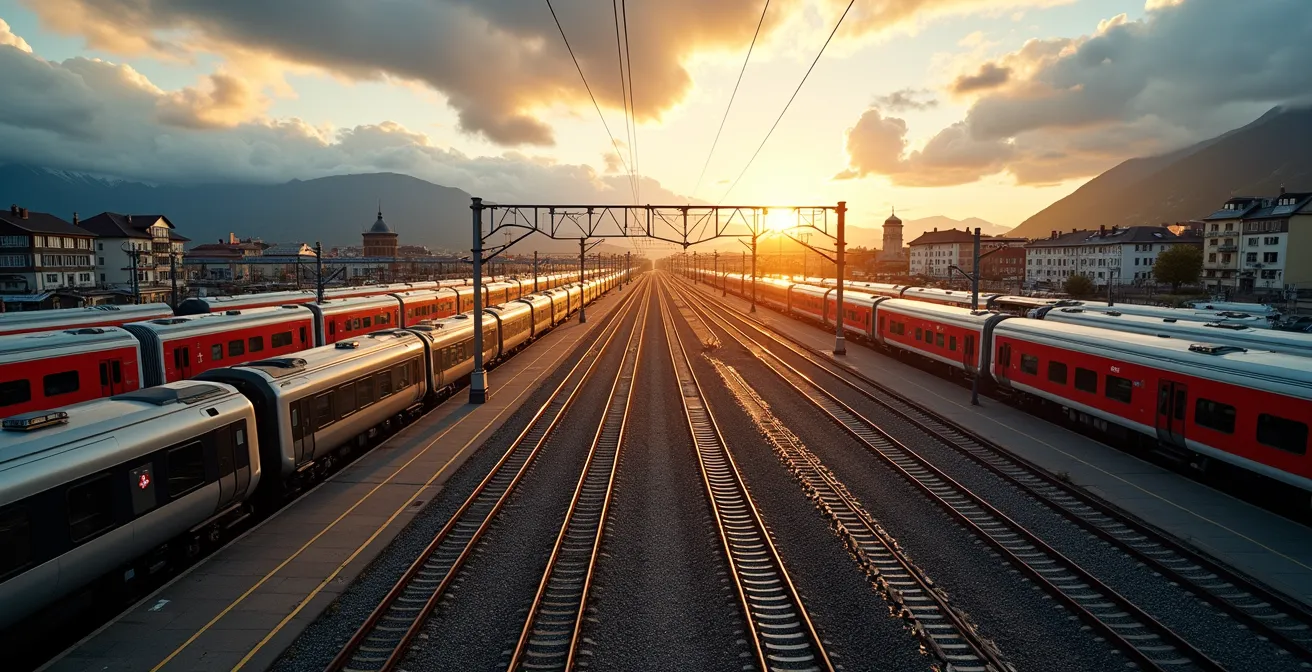Vue aérienne d'une gare ferroviaire suisse centrale avec multiples lignes de trains convergeant vers un hub urbain