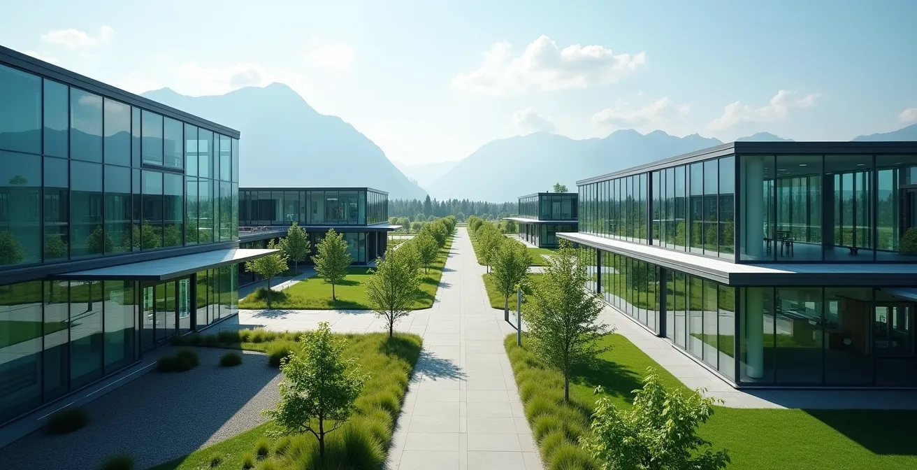 Vue aérienne d'un campus technologique moderne en Suisse avec espaces verts