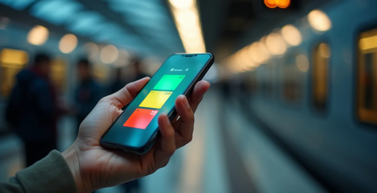 Vue macro détaillée d'un smartphone affichant l'indicateur d'occupation des wagons avec arrière-plan de quai de gare