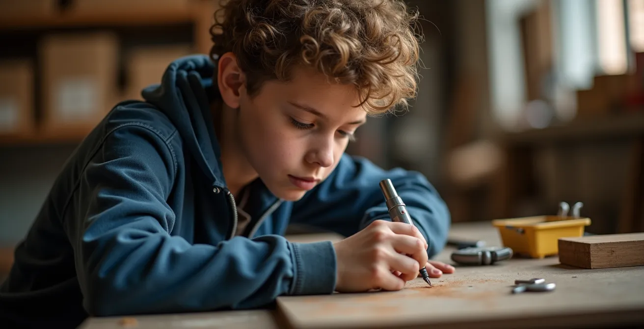 Jeune apprenti concentré sur son travail manuel dans un atelier lumineux