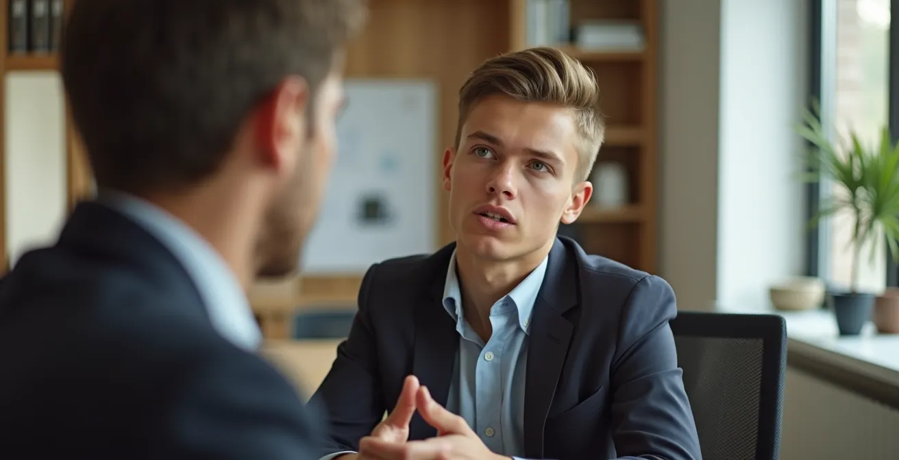 Jeune candidat apprenti en entretien avec un patron d'entreprise suisse