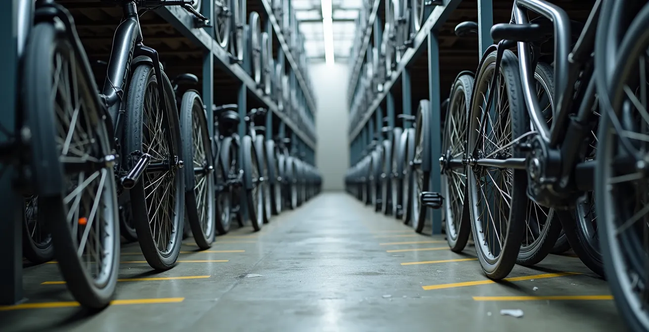 Local à vélos d'un immeuble suisse avec rangement organisé respectant les normes de sécurité