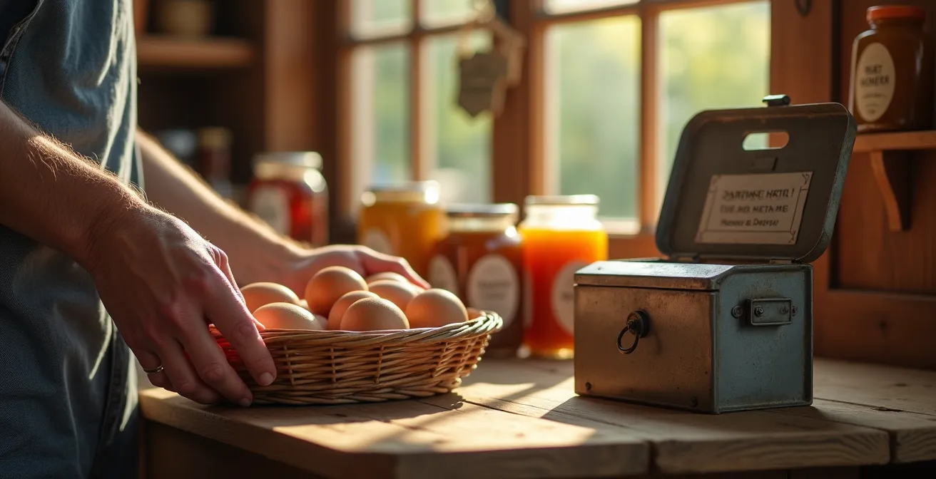 Intérieur d'un magasin de ferme en libre-service typique suisse avec caisse de confiance et code QR Twint