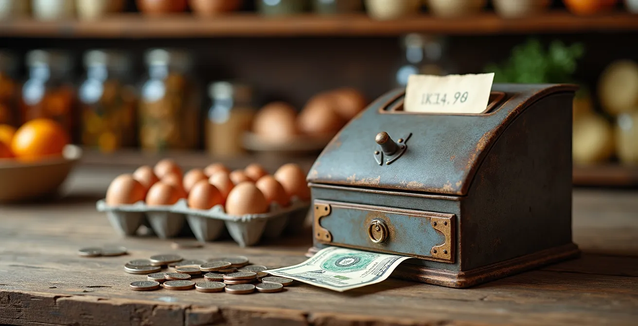 Intérieur d'un magasin de ferme en self-service avec étagères de produits locaux et caisse de confiance