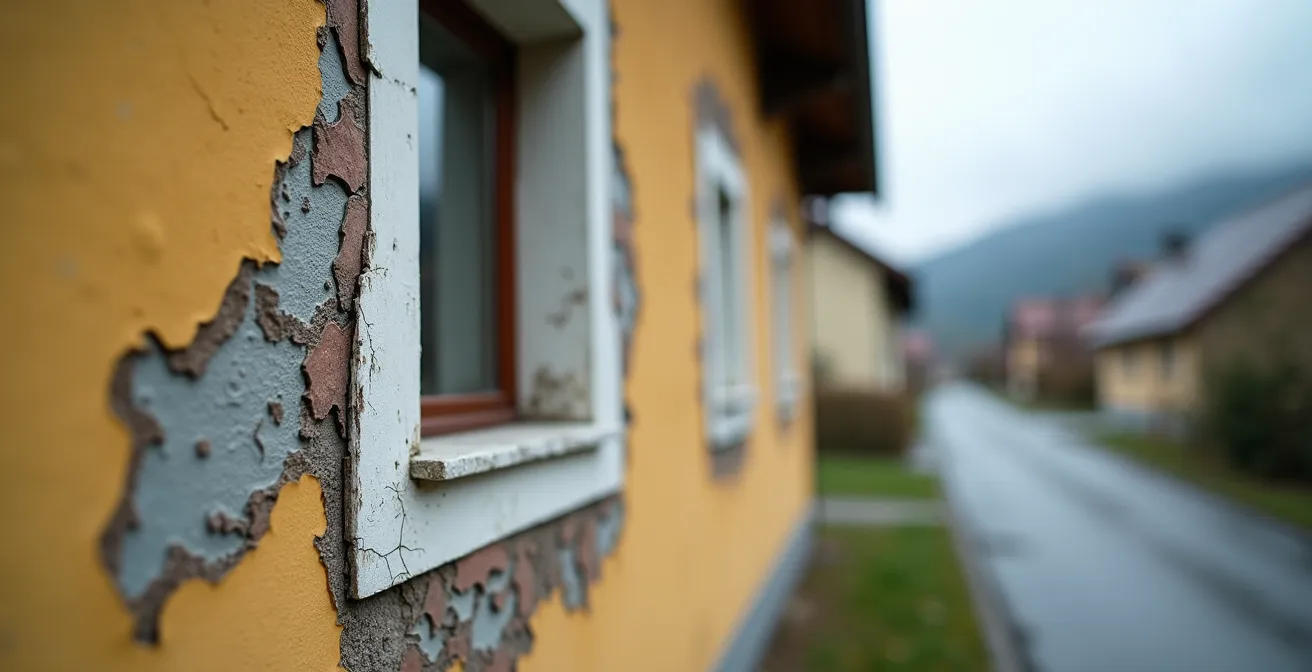 Maison suisse avec étiquette énergétique F montrant les zones de déperdition thermique