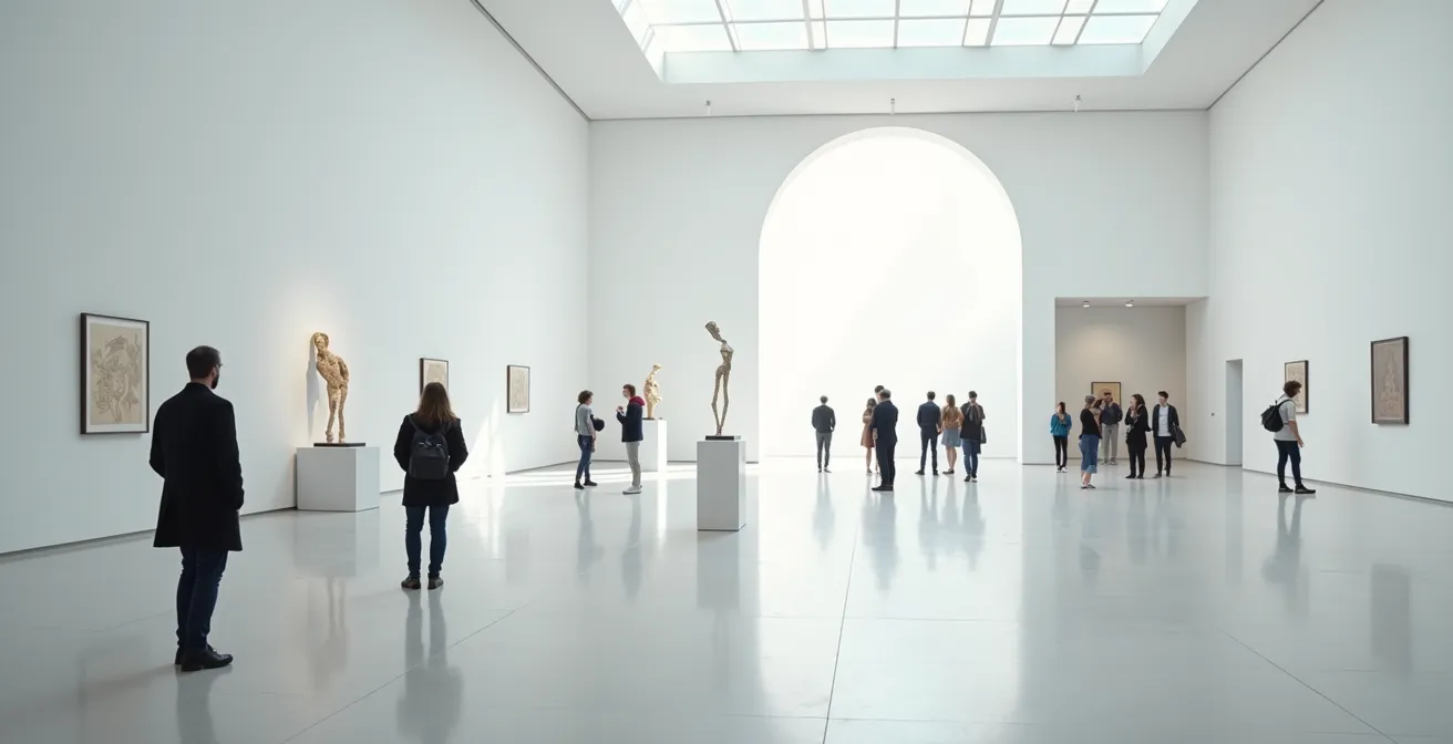 Intérieur lumineux d'un musée suisse moderne avec visiteurs admirant des œuvres