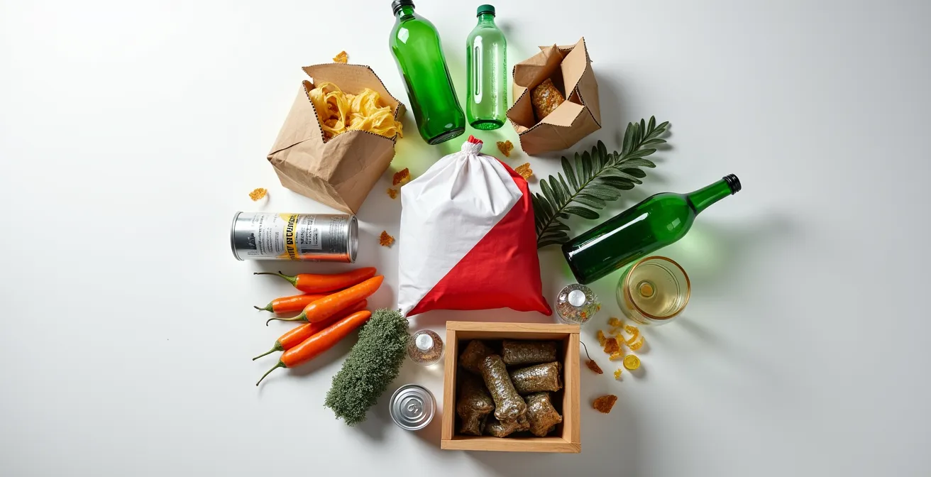 Composition montrant l'organisation efficace du tri des déchets avec compost, recyclables et sac taxé réduit