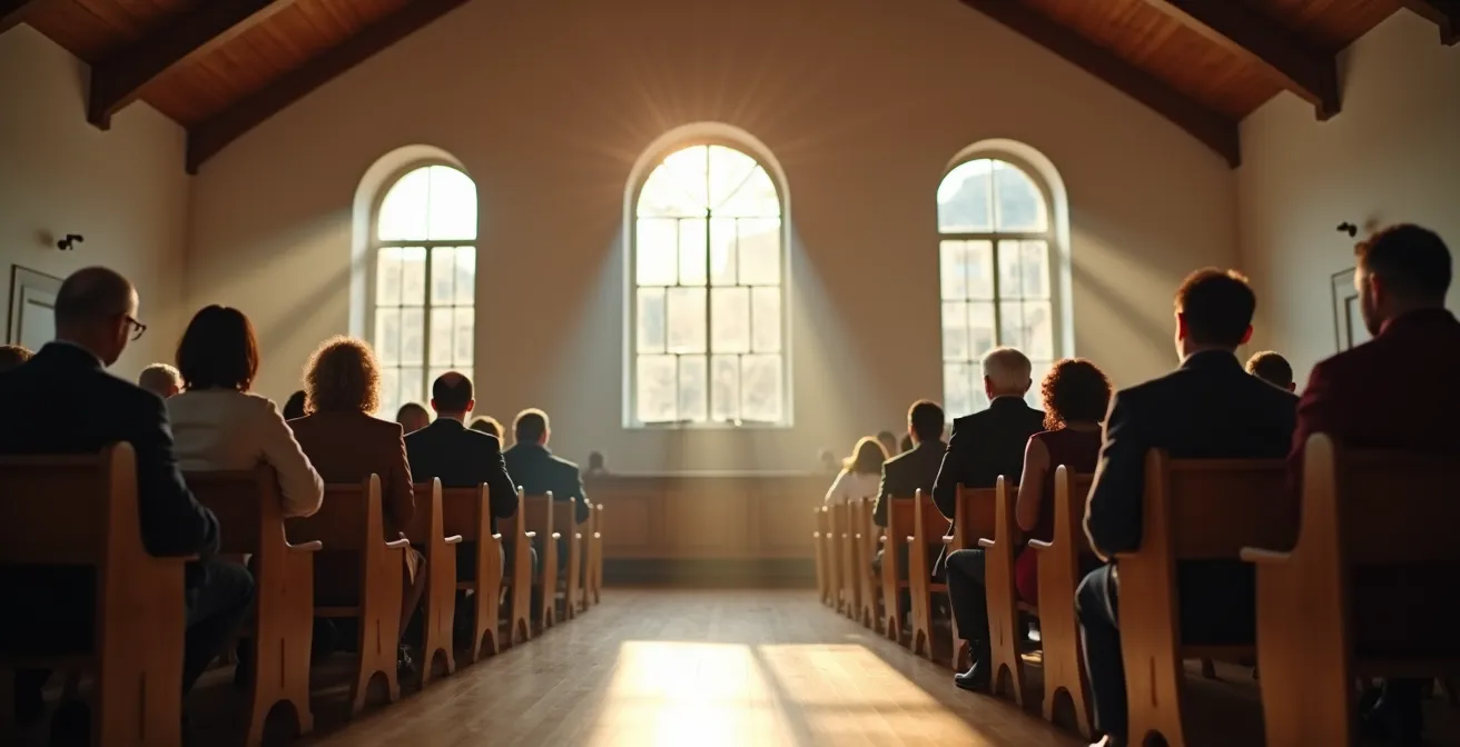Vue grand angle d'une personne participant à une assemblée communale suisse dans une salle traditionnelle