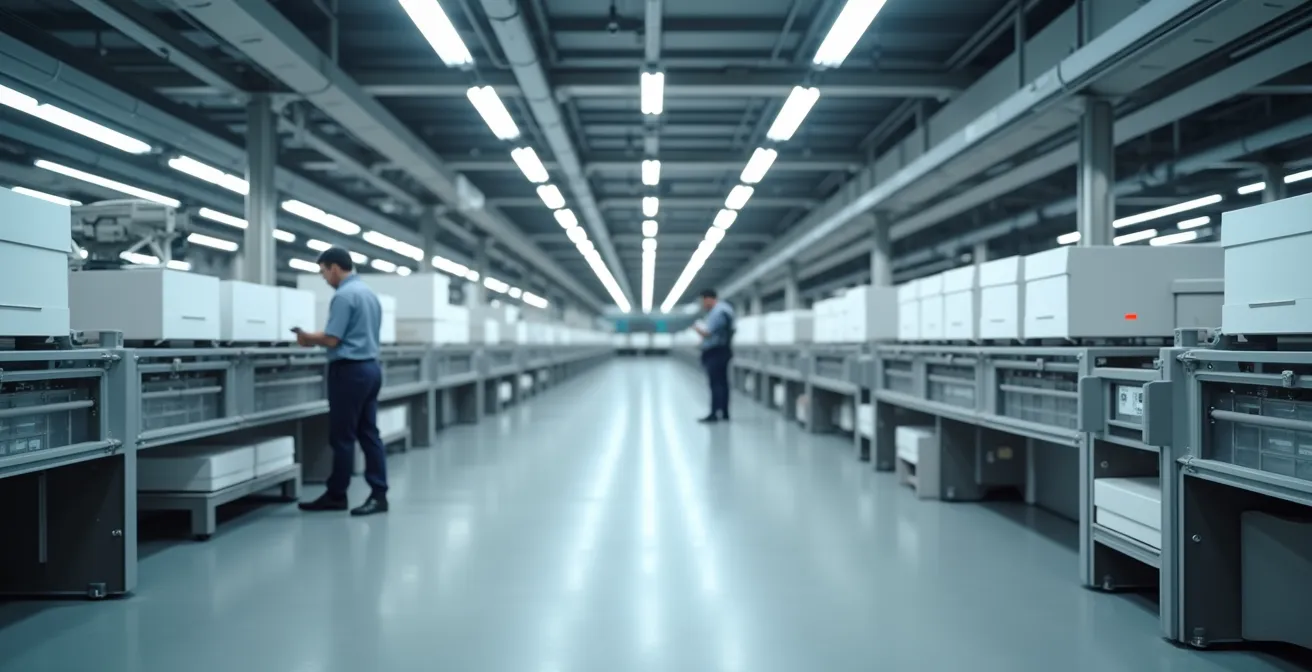 Vue aérienne du tri postal des enveloppes de vote dans un centre de dépouillement suisse
