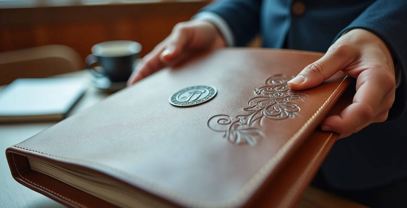 Gros plan sur des mains tenant un portfolio professionnel avec documents de certification