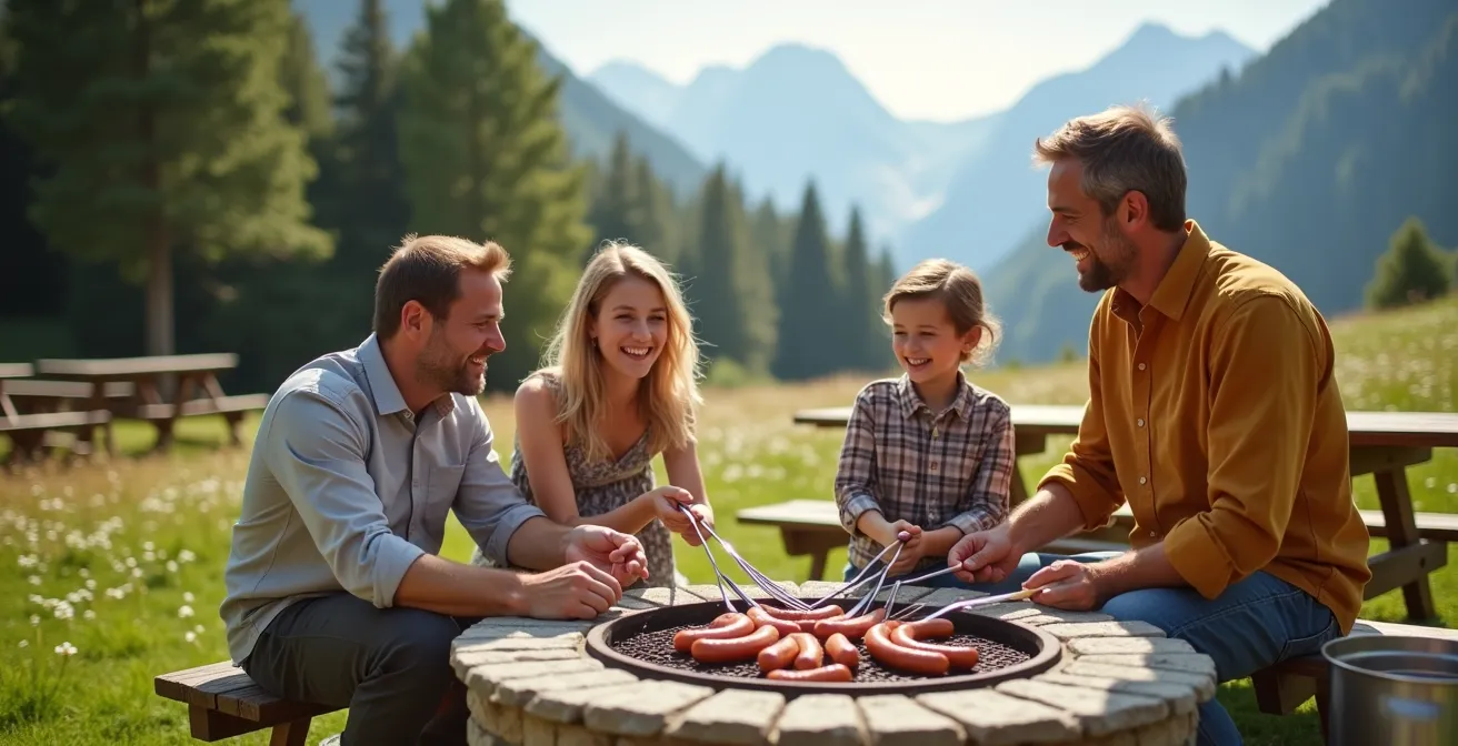 Famille préparant un barbecue sur une aire de grillades publique avec vue sur les montagnes suisses