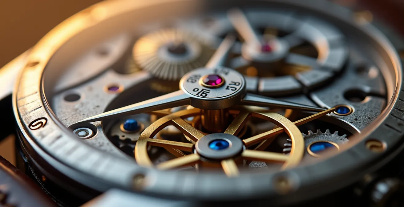 Gros plan macro sur mécanisme d'échappement horloger avec balance en mouvement