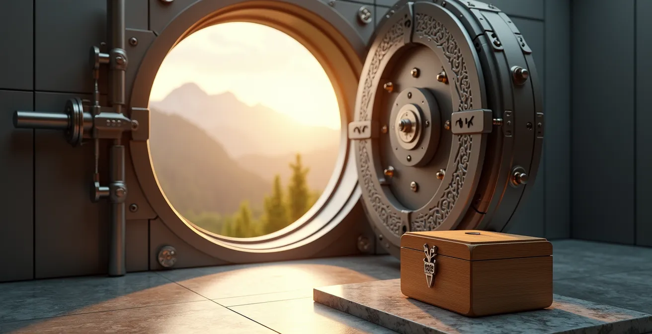 Coffre-fort suisse symbolisant la protection de l'épargne avec des éléments visuels représentant la stabilité monétaire