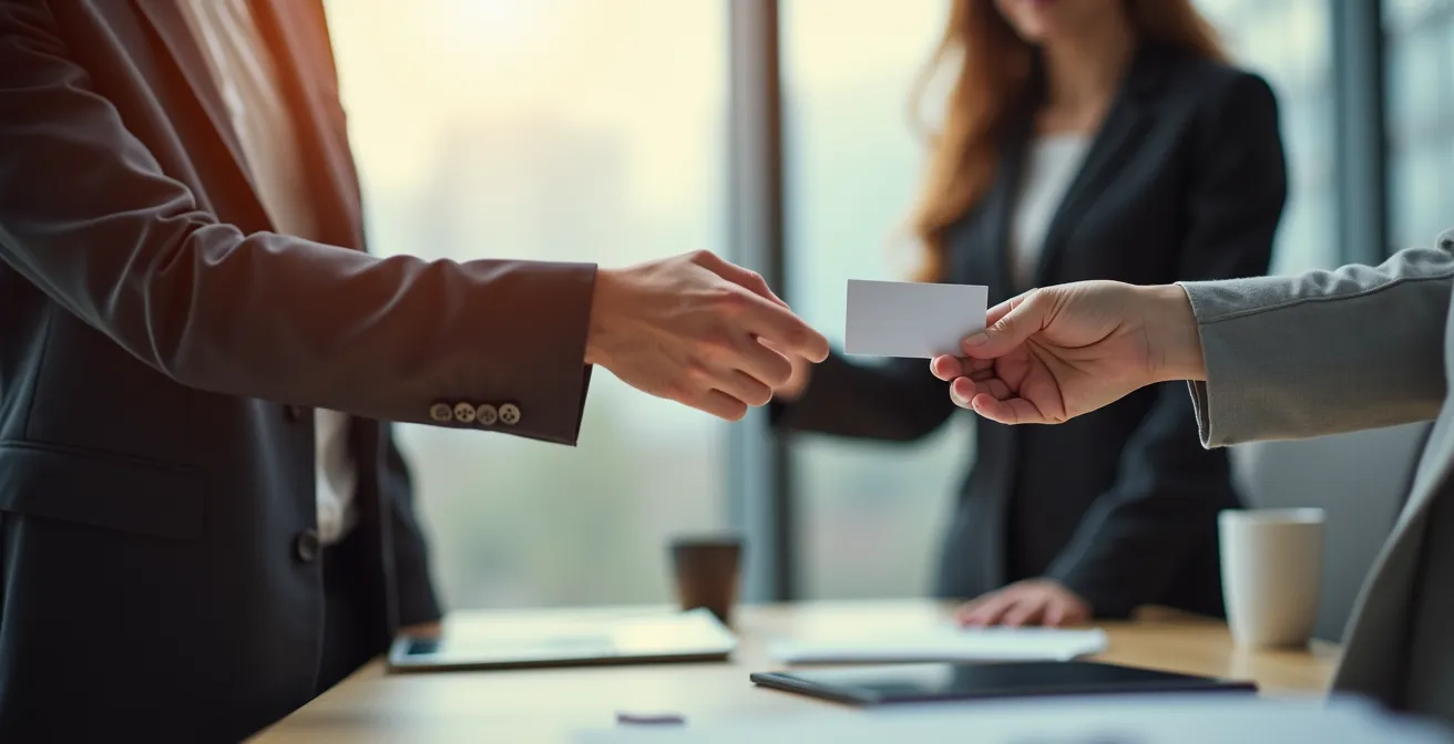Mains échangeant une carte de visite dans un environnement de bureau moderne