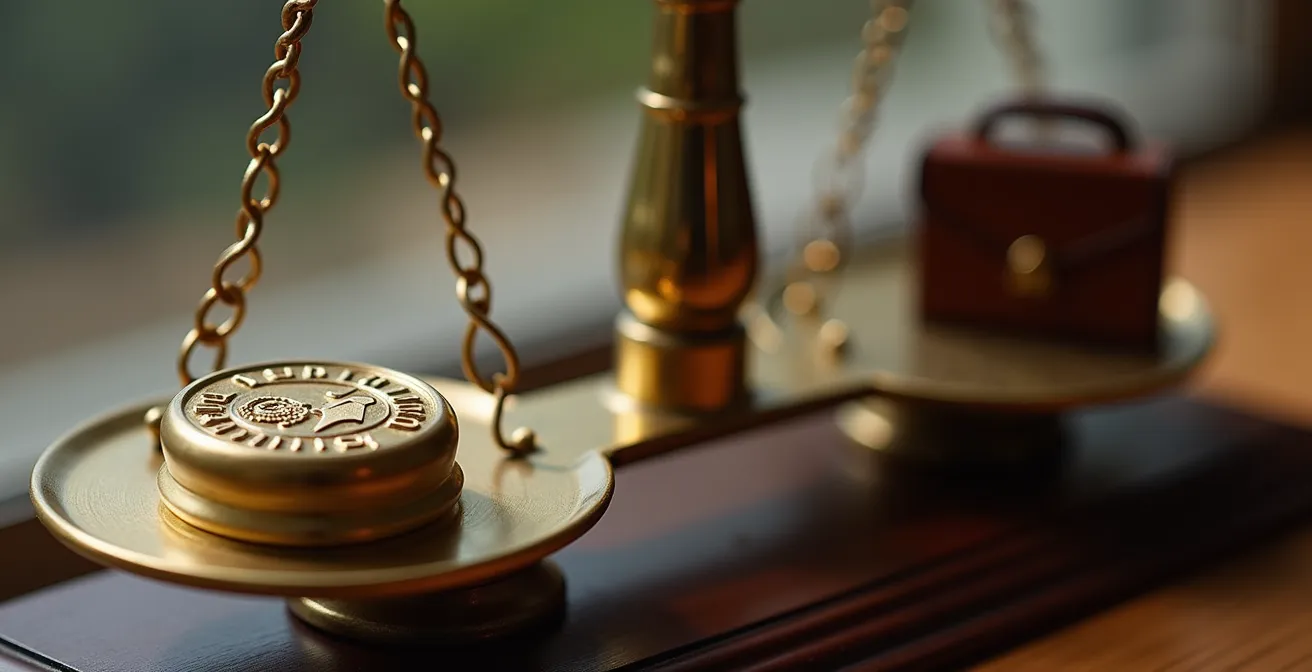 Balance de justice équilibrée avec documents d'entreprise sur un bureau exécutif