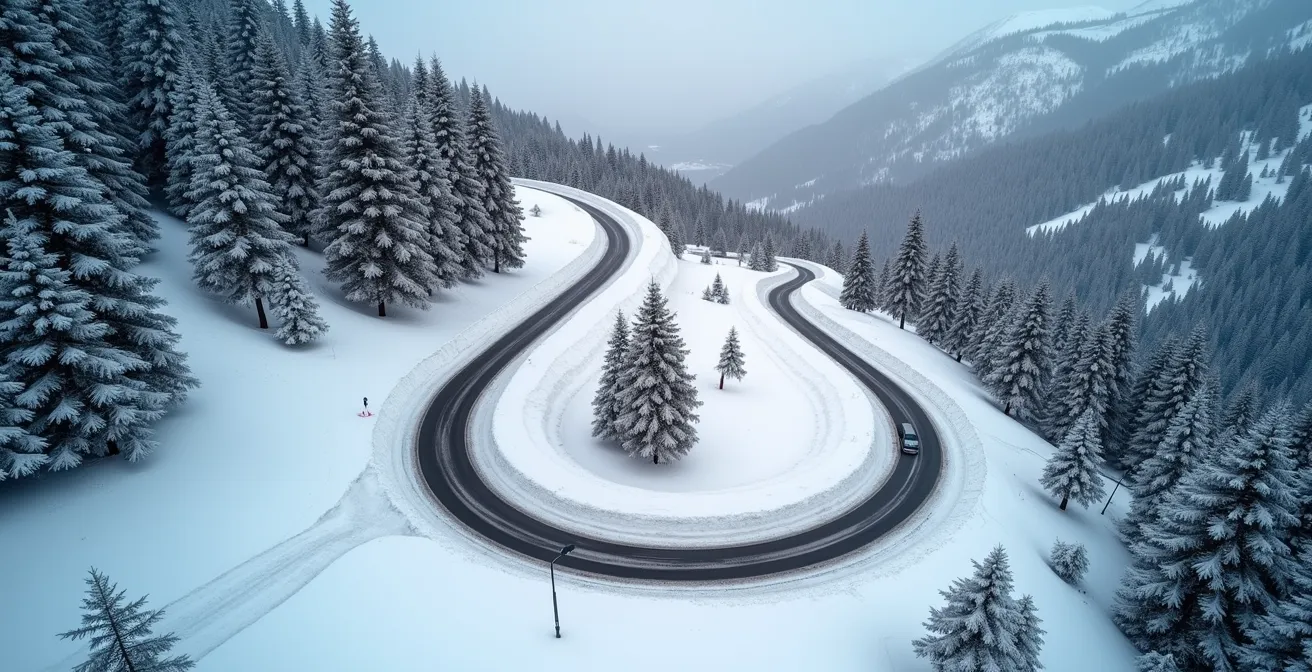 Vue aérienne d'une route de montagne sinueuse enneigée traversant une forêt de sapins en Suisse