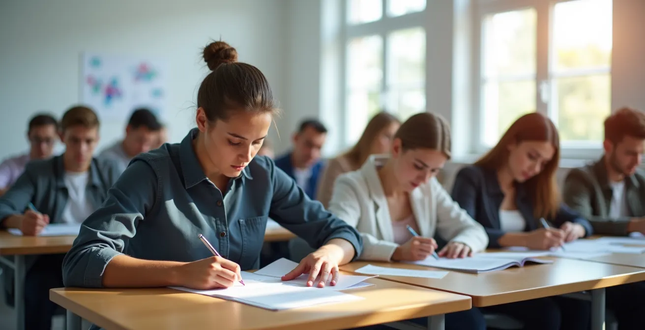 Salle d'examen moderne avec candidats passant le test FIDE en Suisse