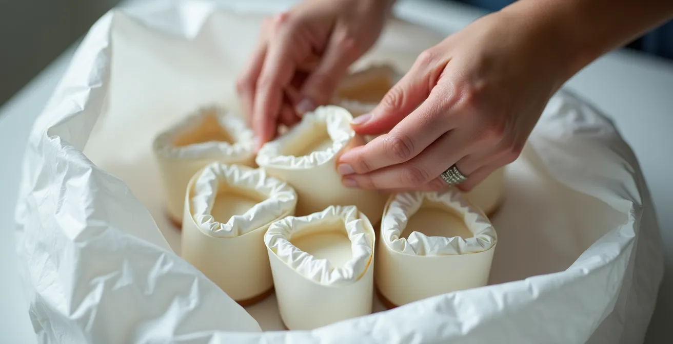 Gros plan sur des mains compactant efficacement des emballages dans un sac poubelle