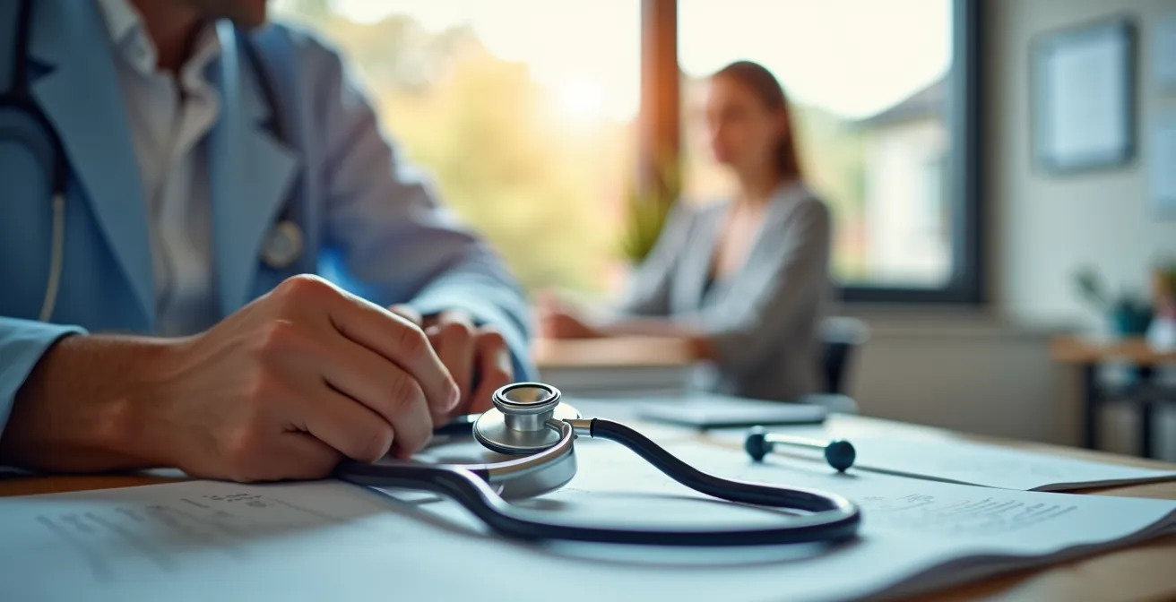 Consultation médicale à distance avec professionnel de santé en arrière-plan flou