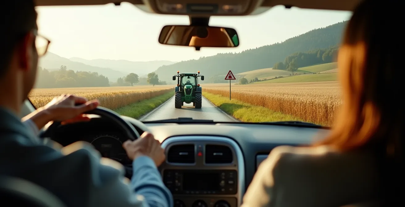 Vue depuis l'intérieur d'une voiture suivant un tracteur agricole sur une route de campagne suisse
